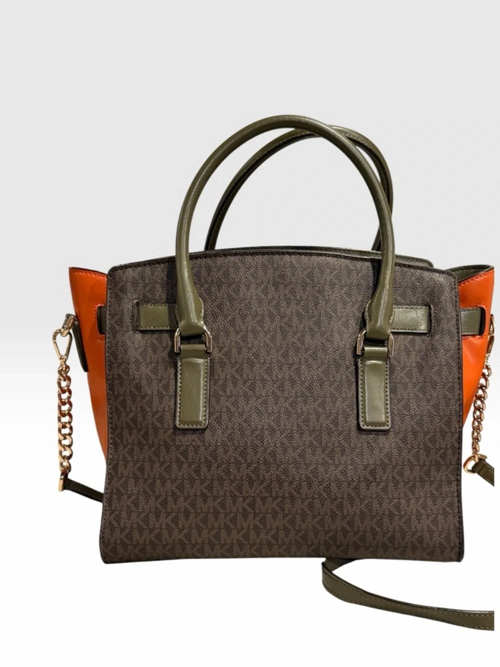 Michael Kors Hamilton Legacy Satchel - Brown Logo / Olive / Orange Colorblock